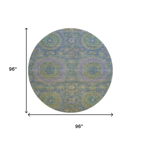 8' Blue Purple And Green Medallion Washable Round Rug With UV Protection