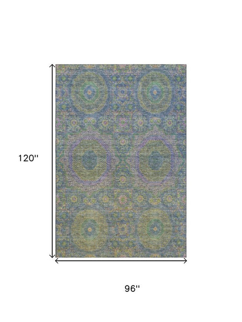 8' X 10' Blue Purple And Green Medallion Washable Area Rug With UV Protection