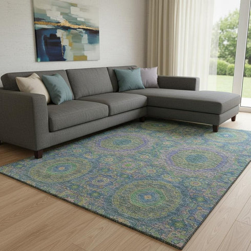 8' X 10' Blue Purple And Green Medallion Washable Area Rug With UV Protection
