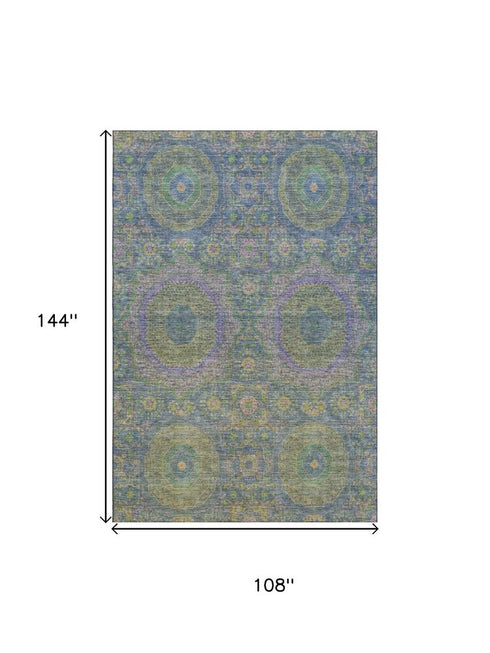 9' X 12' Blue Purple And Green Medallion Washable Area Rug With UV Protection