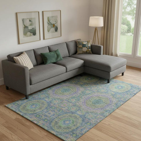 9' X 12' Blue Purple And Green Medallion Washable Area Rug With UV Protection