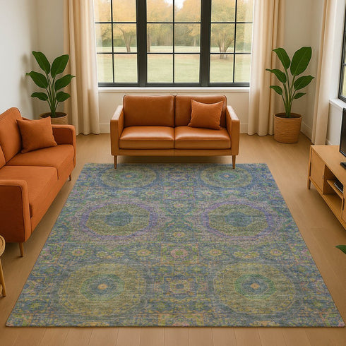 9' X 12' Blue Purple And Green Medallion Washable Area Rug With UV Protection