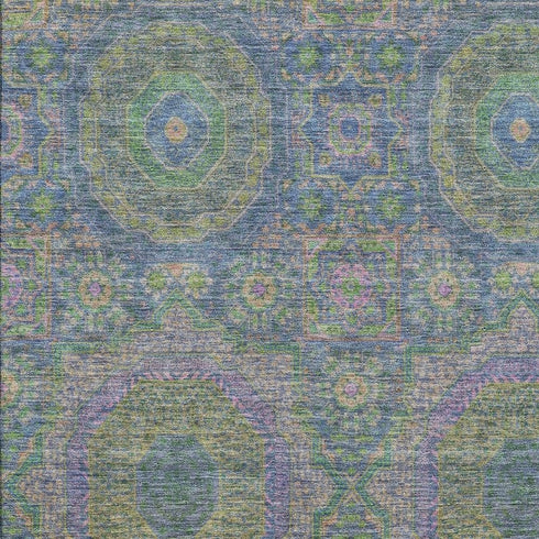 9' X 12' Blue Purple And Green Medallion Washable Area Rug With UV Protection