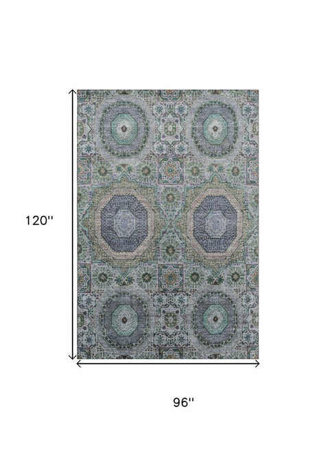 8' X 10' Green Blue And Gray Medallion Washable Area Rug With UV Protection