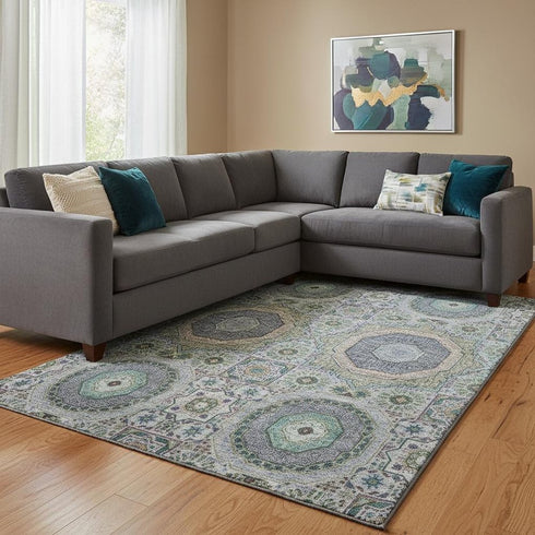 8' X 10' Green Blue And Gray Medallion Washable Area Rug With UV Protection