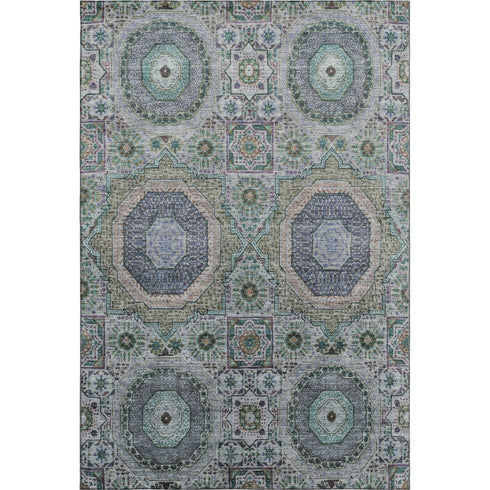 8' X 10' Green Blue And Gray Medallion Washable Area Rug With UV Protection