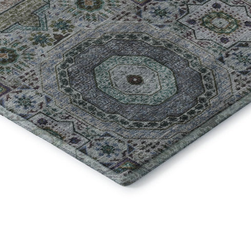 8' X 10' Green Blue And Gray Medallion Washable Area Rug With UV Protection