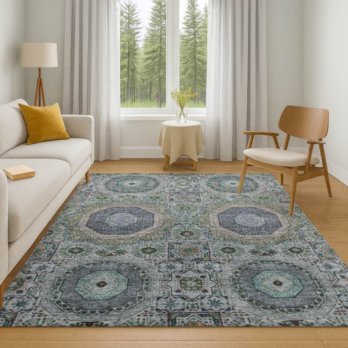 8' X 10' Green Blue And Gray Medallion Washable Area Rug With UV Protection