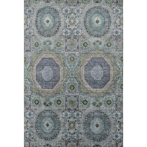 8' X 10' Green Blue And Gray Medallion Washable Area Rug With UV Protection