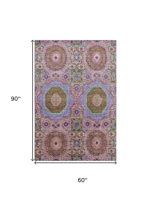 5' X 8' Pink Teal And Taupe Medallion Washable Area Rug With UV Protection