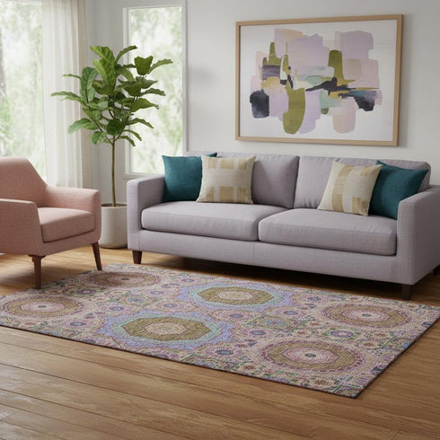 5' X 8' Pink Teal And Taupe Medallion Washable Area Rug With UV Protection