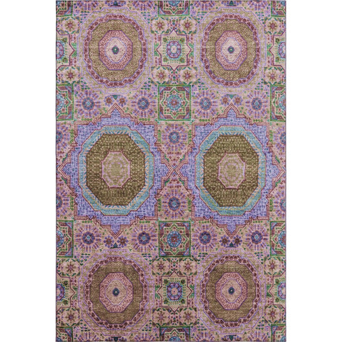 5' X 8' Pink Teal And Taupe Medallion Washable Area Rug With UV Protection