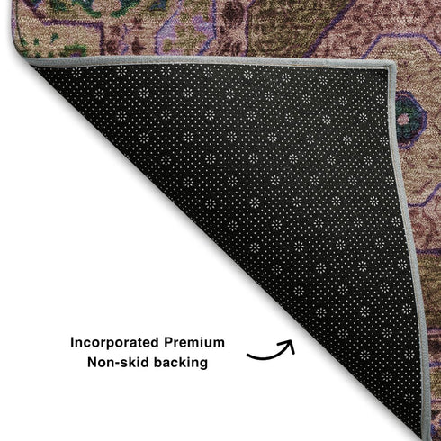 5' X 8' Pink Teal And Taupe Medallion Washable Area Rug With UV Protection