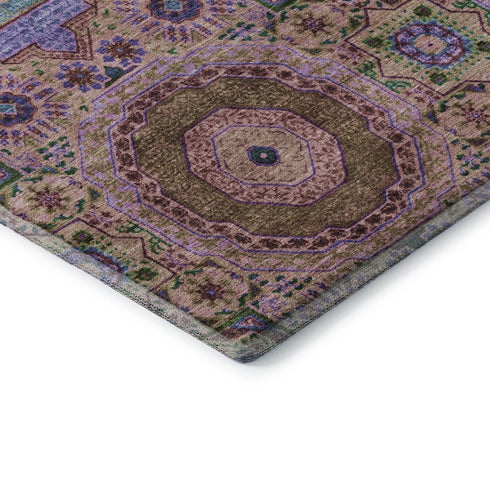5' X 8' Pink Teal And Taupe Medallion Washable Area Rug With UV Protection