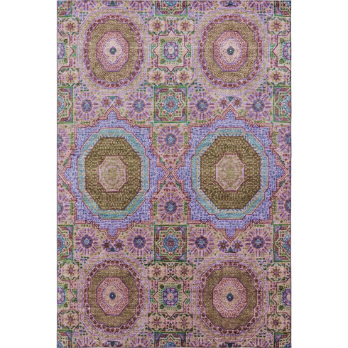 5' X 8' Pink Teal And Taupe Medallion Washable Area Rug With UV Protection