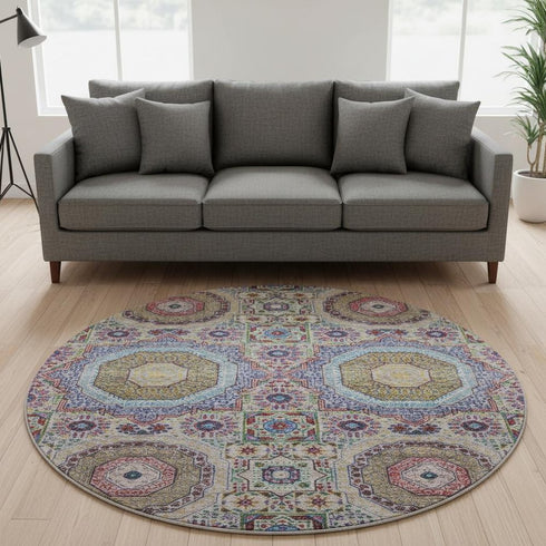 8' Purple Teal And Red Medallion Washable Round Rug With UV Protection