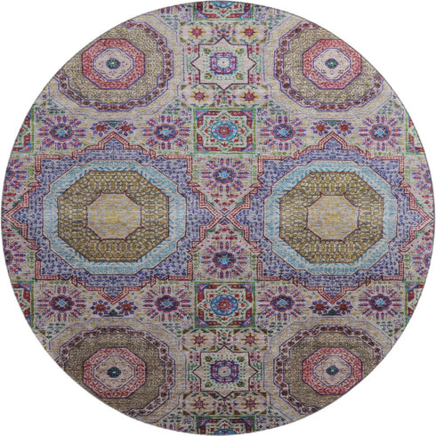 8' Purple Teal And Red Medallion Washable Round Rug With UV Protection