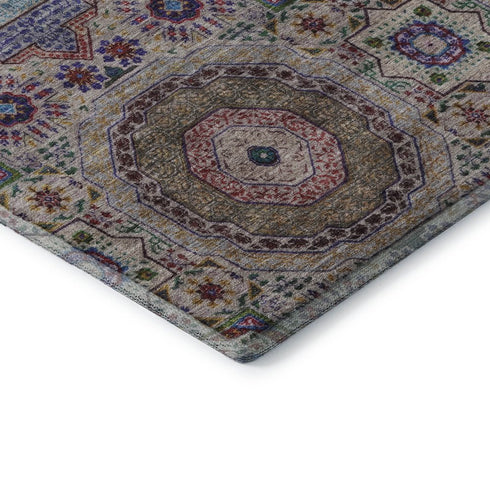 8' Purple Teal And Red Medallion Washable Round Rug With UV Protection