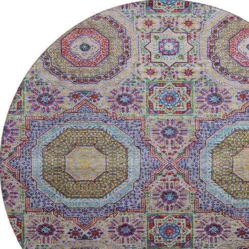 8' Purple Teal And Red Medallion Washable Round Rug With UV Protection