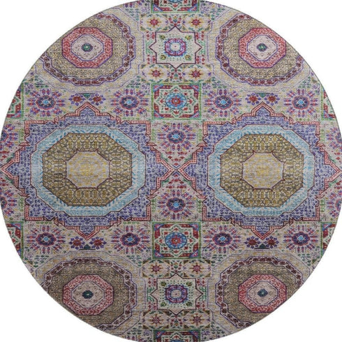 8' Purple Teal And Red Medallion Washable Round Rug With UV Protection