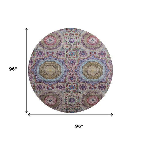 8' Purple Teal And Red Medallion Washable Round Rug With UV Protection