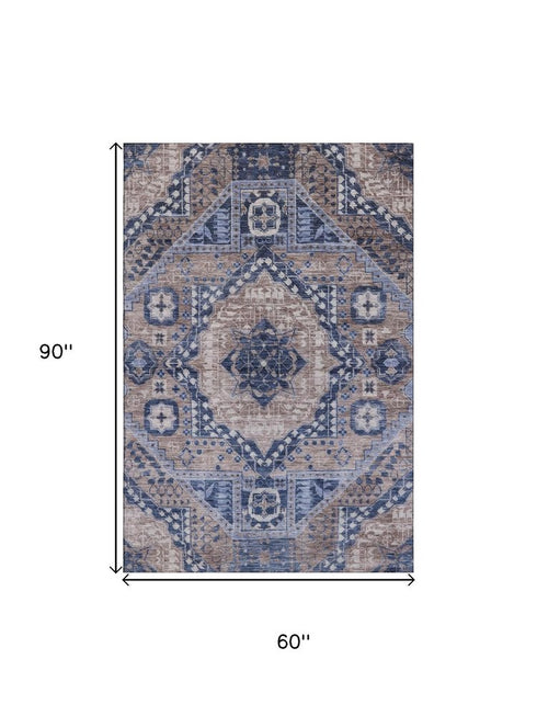 5' X 8' Brown Blue And Beige Diamond Washable Area Rug With UV Protection