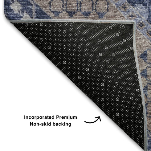 5' X 8' Brown Blue And Beige Diamond Washable Area Rug With UV Protection