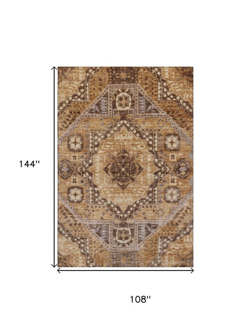 9' X 12' Copper Beige And Gray Diamond Washable Area Rug With UV Protection