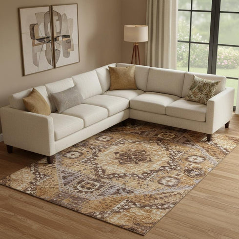 9' X 12' Copper Beige And Gray Diamond Washable Area Rug With UV Protection