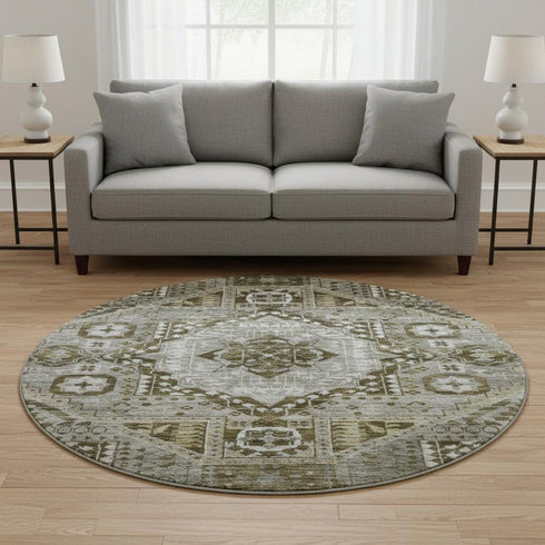 8' Khaki Ivory And Brown Diamond Washable Round Rug With UV Protection