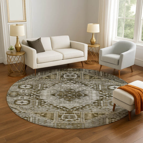 8' Khaki Ivory And Brown Diamond Washable Round Rug With UV Protection