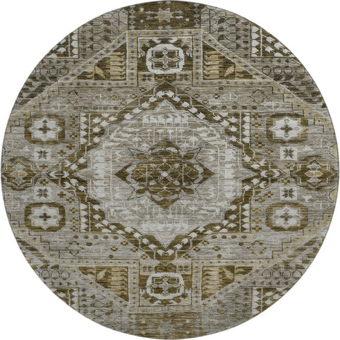8' Khaki Ivory And Brown Diamond Washable Round Rug With UV Protection