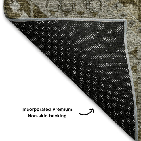 8' Khaki Ivory And Brown Diamond Washable Round Rug With UV Protection