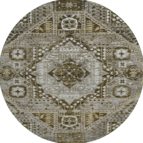 8' Khaki Ivory And Brown Diamond Washable Round Rug With UV Protection
