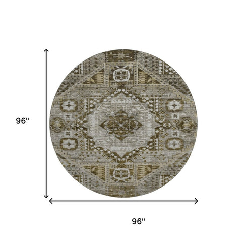8' Khaki Ivory And Brown Diamond Washable Round Rug With UV Protection