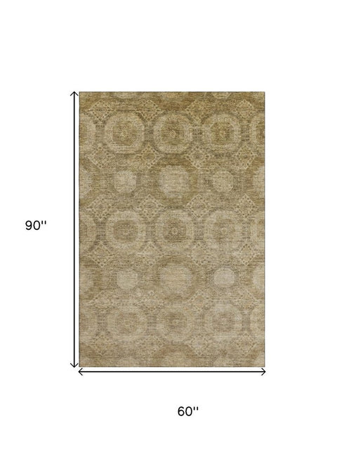 5' X 8' Brown And Beige Abstract Geometric Washable Area Rug With UV Protection
