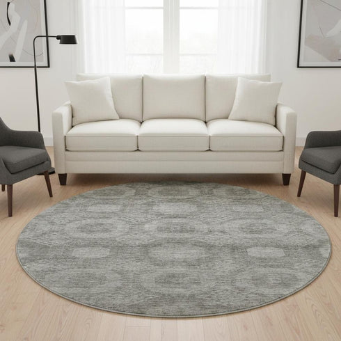 8' Pewter And Gray Abstract Geometric Washable Round Rug With UV Protection