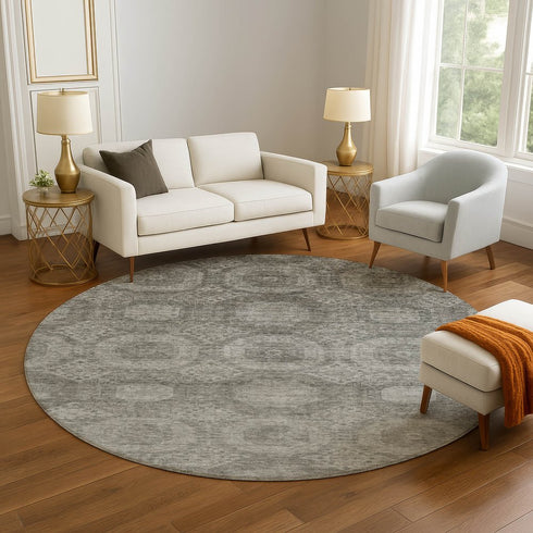 8' Pewter And Gray Abstract Geometric Washable Round Rug With UV Protection