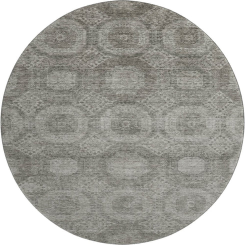 8' Pewter And Gray Abstract Geometric Washable Round Rug With UV Protection