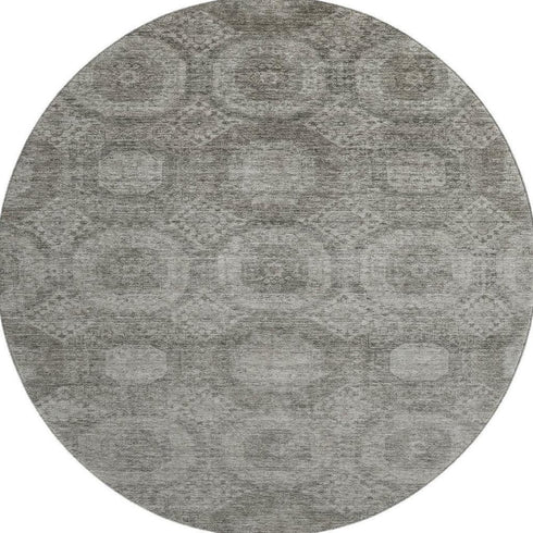 8' Pewter And Gray Abstract Geometric Washable Round Rug With UV Protection