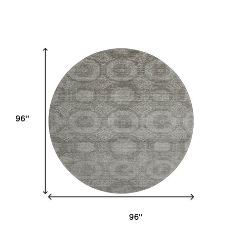 8' Pewter And Gray Abstract Geometric Washable Round Rug With UV Protection