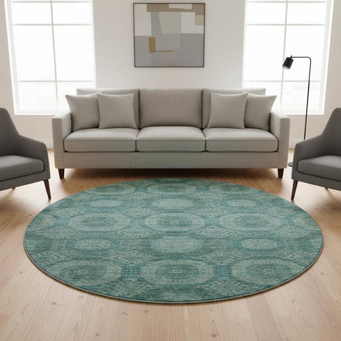 8' Teal And Aqua Abstract Geometric Washable Round Rug With UV Protection