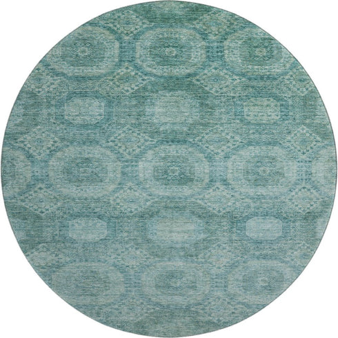 8' Teal And Aqua Abstract Geometric Washable Round Rug With UV Protection
