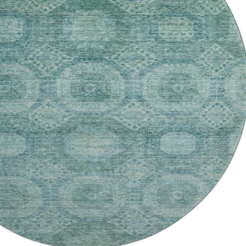 8' Teal And Aqua Abstract Geometric Washable Round Rug With UV Protection