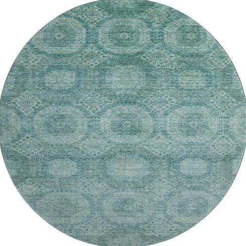 8' Teal And Aqua Abstract Geometric Washable Round Rug With UV Protection