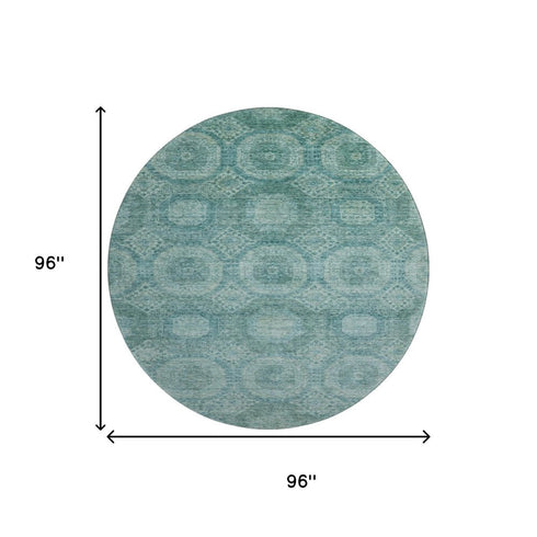 8' Teal And Aqua Abstract Geometric Washable Round Rug With UV Protection