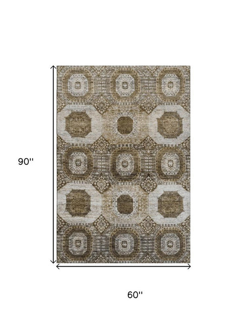 5' X 8' Brown Beige And Taupe Abstract Geometric Washable Area Rug With UV Protection