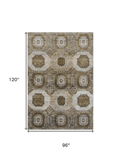 8' X 10' Brown Beige And Taupe Abstract Geometric Washable Area Rug With UV Protection