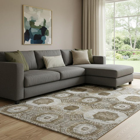 8' X 10' Brown Beige And Taupe Abstract Geometric Washable Area Rug With UV Protection