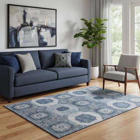 5' X 8' Blue And Ivory Abstract Geometric Washable Area Rug With UV Protection